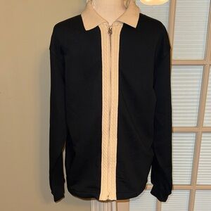 NWT ZARA Men's Navy Blue Sweater Jacket with Tan Zip-Front Trim